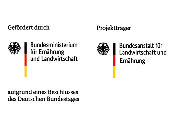 Logos des Bundesministeriums für Ernährung und Landwirtschaft sowie der Bundesanstalt für Landwirtschaft und Ernährung mit Bundesadler und schwarz-rot-goldenem Balken, dazu die Texte ‚Gefördert durch‘, ‚Projektträger‘ und ‚aufgrund eines Beschlusses des Deutschen Bundestages‘.