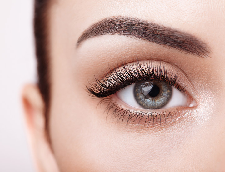 Nahaufnahme eines geschminkten Auges mit perfekt geformter Augenbraue und langen, dichten Wimpern.