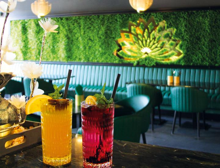 Zwei farbenfrohe Cocktails – einer gelb, einer rot – mit Minze und Zitronenscheiben dekoriert, stehen auf einem Tisch in einer stilvoll eingerichteten Lounge mit grün gepolsterten Sitzmöbeln und einer leuchtenden Pflanzenwand im Hintergrund.