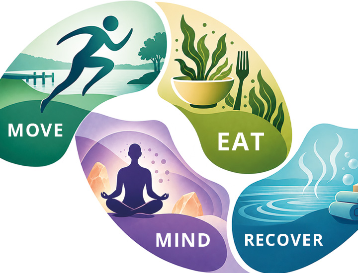 Vier bunte Symbole für Move, Eat, Mind und Recover auf weißem Hintergrund.