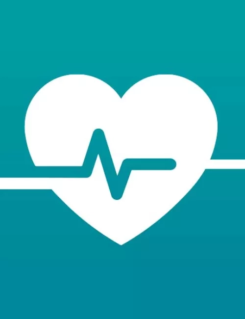 Motivbild mit einem türkisfarbenen Hintergrund, einem weißen Herz im Vordergrund und durch das Herz geht ein türkisfarbene Frequenzlinie.