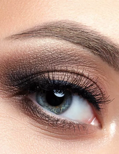 Nahaufnahme eines geschminkten Auges mit perfektem Augen-Make-up in Braun- und Goldtönen, betonten Wimpern und exakt geformter Augenbraue.