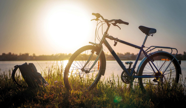 Dunkelblaues Fahrrad am Rand eines Sees, stehend im hohen Gras, beleuchtet von der Abendsonne im Sonnenuntergang.