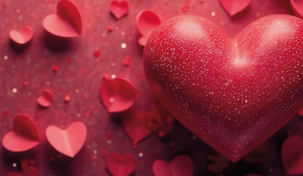 Bild von einem großen rosanen Herz und um herum auch ganz viele kleine rosa Herzen verteilt auf einem roten Hintergrund.
