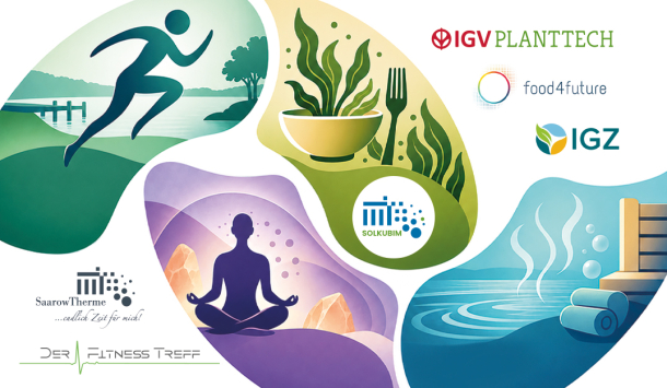 Grafik mit Icons zum Longevity Day in der SaarowTherme: Natur, Pflanzen, Recycling, Wasser, Technologie und Gesundheit