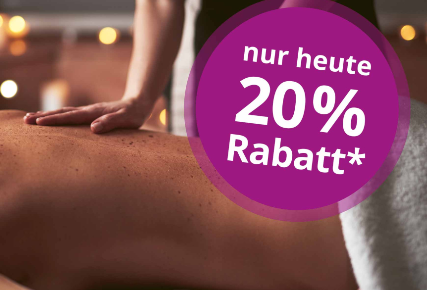 Massageangebot mit 20 % Rabatt – nur heute. Eine Person erhält eine Rückenmassage, im Vordergrund ein lilafarbener Rabatt-Hinweis