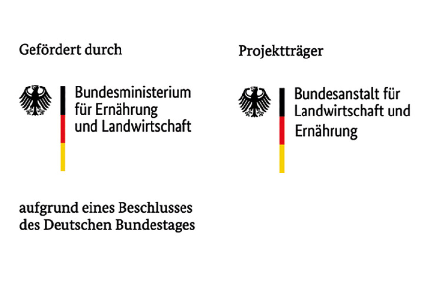 Logos des Bundesministeriums für Ernährung und Landwirtschaft sowie der Bundesanstalt für Landwirtschaft und Ernährung mit Bundesadler und schwarz-rot-goldenem Balken, dazu die Texte ‚Gefördert durch‘, ‚Projektträger‘ und ‚aufgrund eines Beschlusses des Deutschen Bundestages‘.