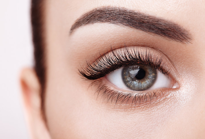 Nahaufnahme eines geschminkten Auges mit perfekt geformter Augenbraue und langen, dichten Wimpern.