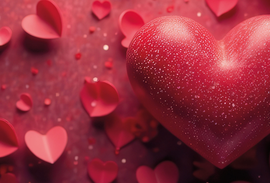 Bild von einem großen rosanen Herz und um herum auch ganz viele kleine rosa Herzen verteilt auf einem roten Hintergrund.