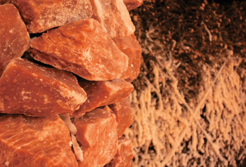 Nahaufnahme einer Wand aus großen rötlichen Salzsteinen. Daneben sind helle, faserartige Strukturen zu sehen, die an getrocknete Pflanzen oder Soleverkrustungen erinnern – typisch für eine Salzgrotte oder ein Gradierwerk.