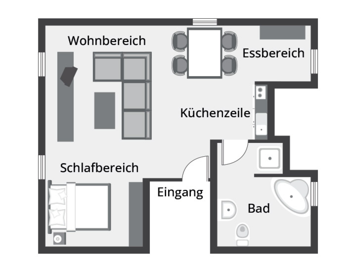 Grundriss einer Ferienwohnung mit Wohn- und Essbereich, Küche, Schlafzimmer und Badezimmer. Der Wohnbereich ist großzügig gestaltet und schließt direkt an den Essbereich an.
