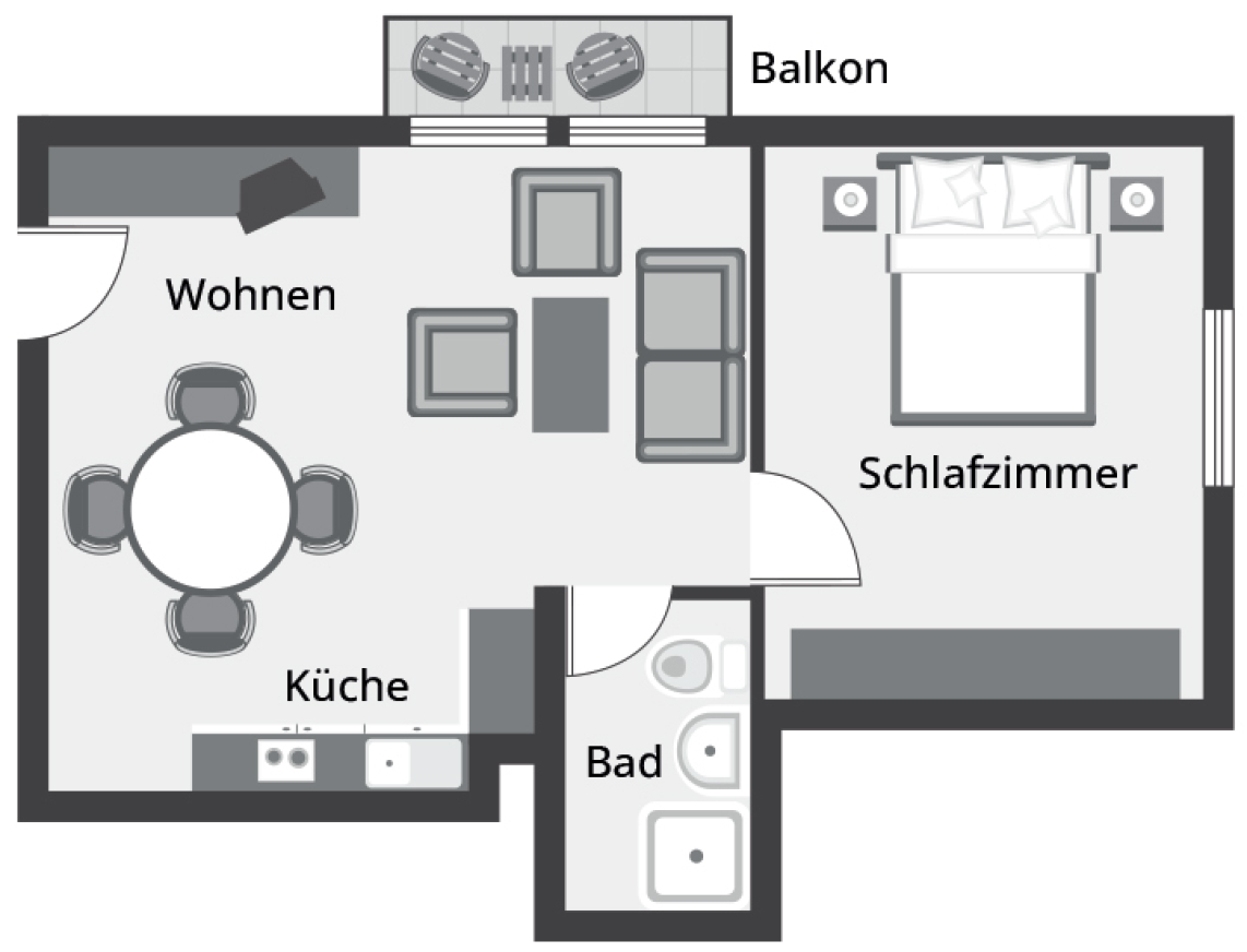 Grundriss einer Ferienwohnung mit separatem Schlafzimmer, Wohnzimmer mit Sitzecke und Zugang zum Balkon, integrierter Küche sowie einem Badezimmer.