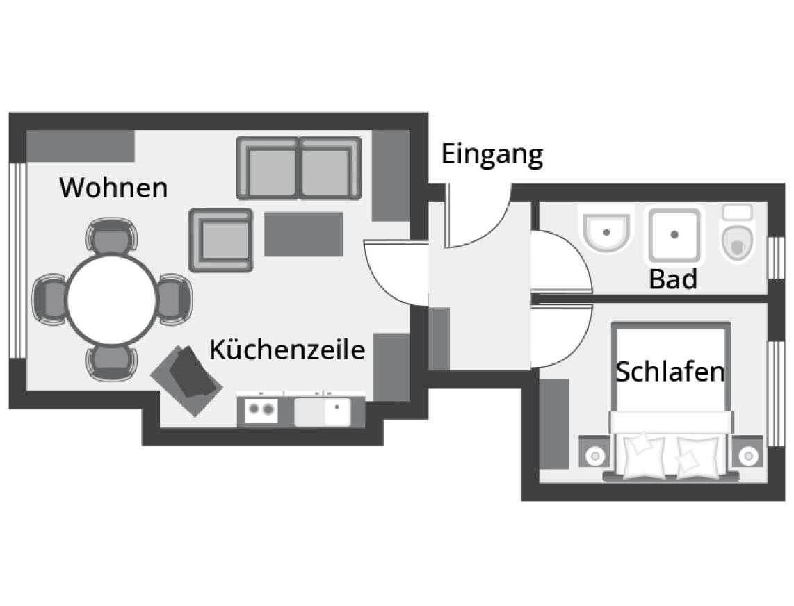 Grundriss einer Ferienwohnung mit Wohnzimmer, Küche, Essbereich, Flur, Schlafzimmer und Badezimmer.